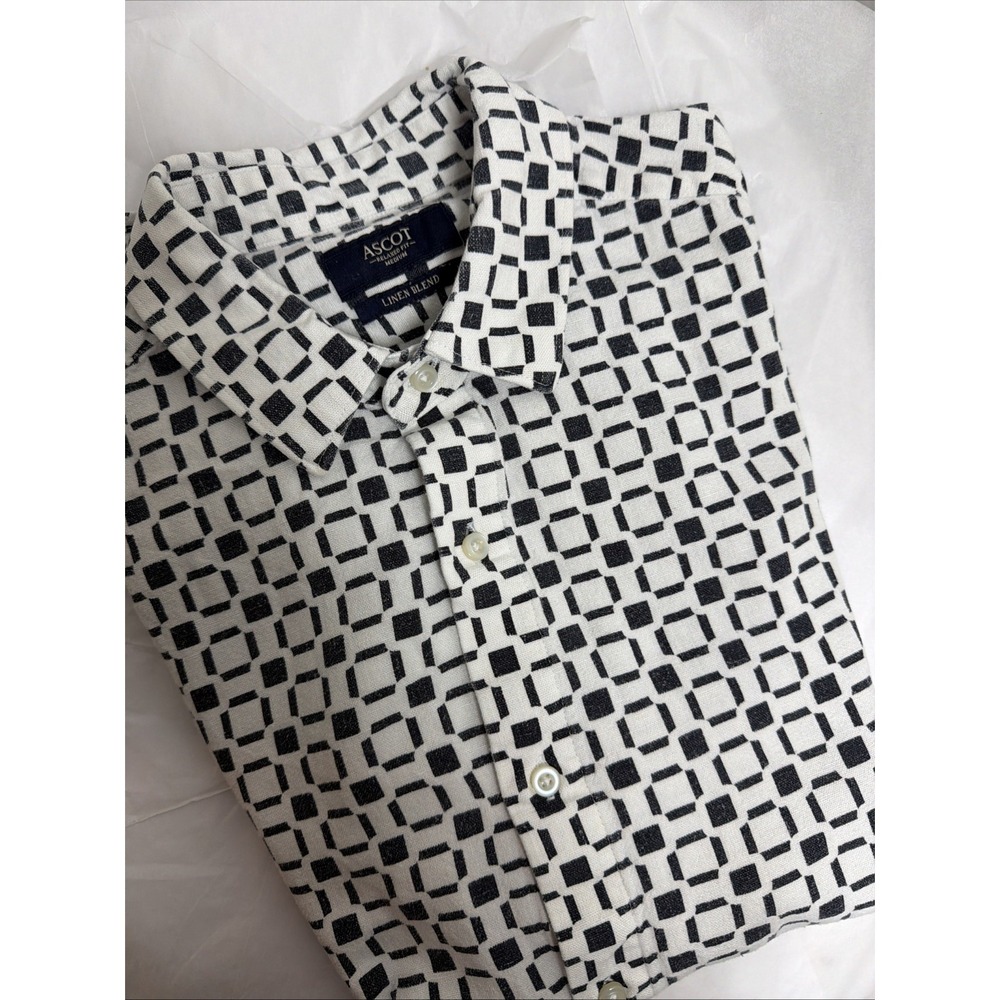 Ascot Linen Blend Men's Button Down SS Black White Block Linen Blend Medium